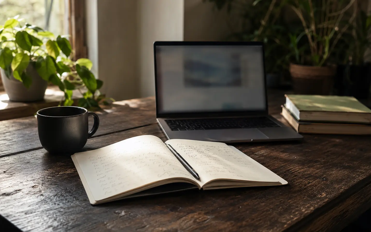 Laptop, notebook and coffee in a quiet home office